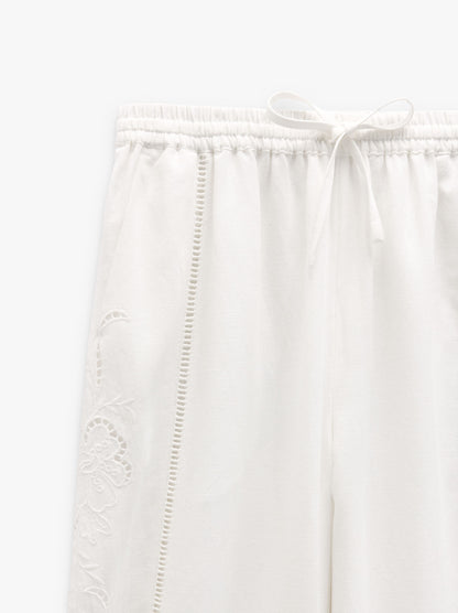 Trousers With Perforated Embroidery Linen Blend