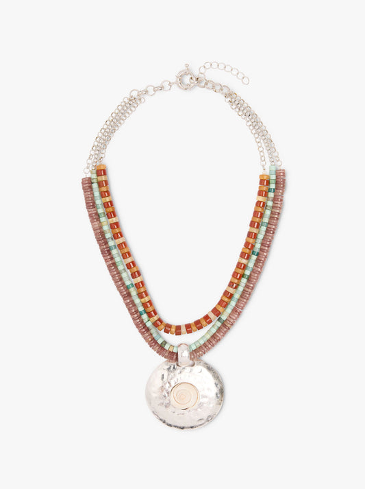 Multi-Collar Beads Of Stone And Pendant With Shell