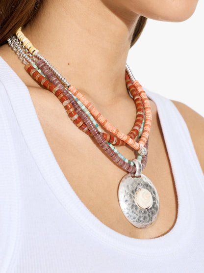 Multi-Collar Beads Of Stone And Pendant With Shell