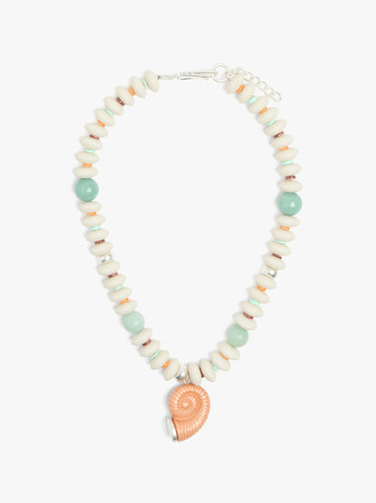 Necklace With Shell Beads With Snail Spiral Pendant