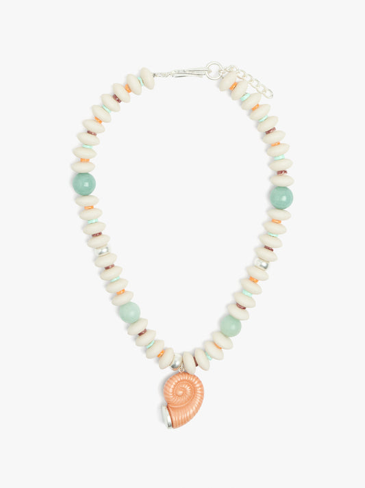 Necklace With Shell Beads With Snail Spiral Pendant