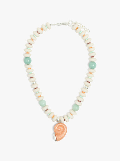 Necklace With Shell Beads With Snail Spiral Pendant