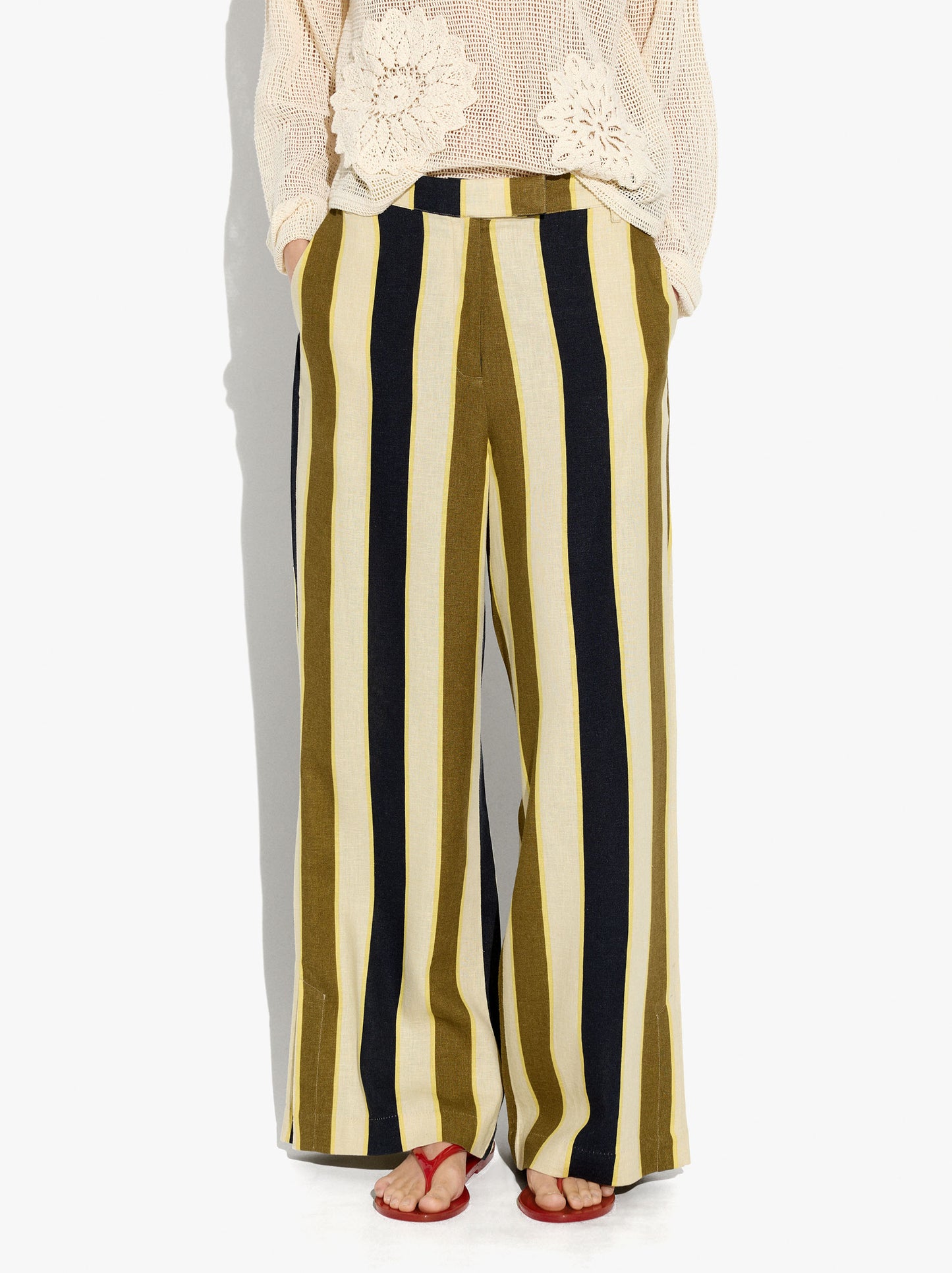 Straight Striped Trousers Linen Blend