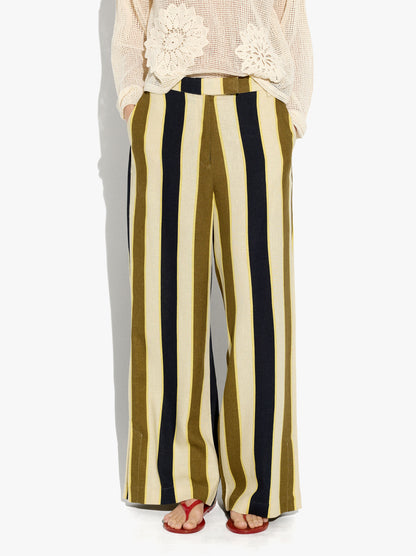 Straight Striped Trousers Linen Blend