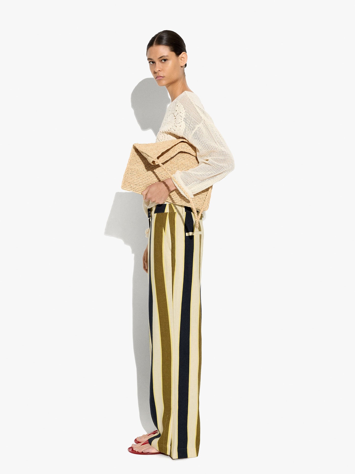 Straight Striped Trousers Linen Blend