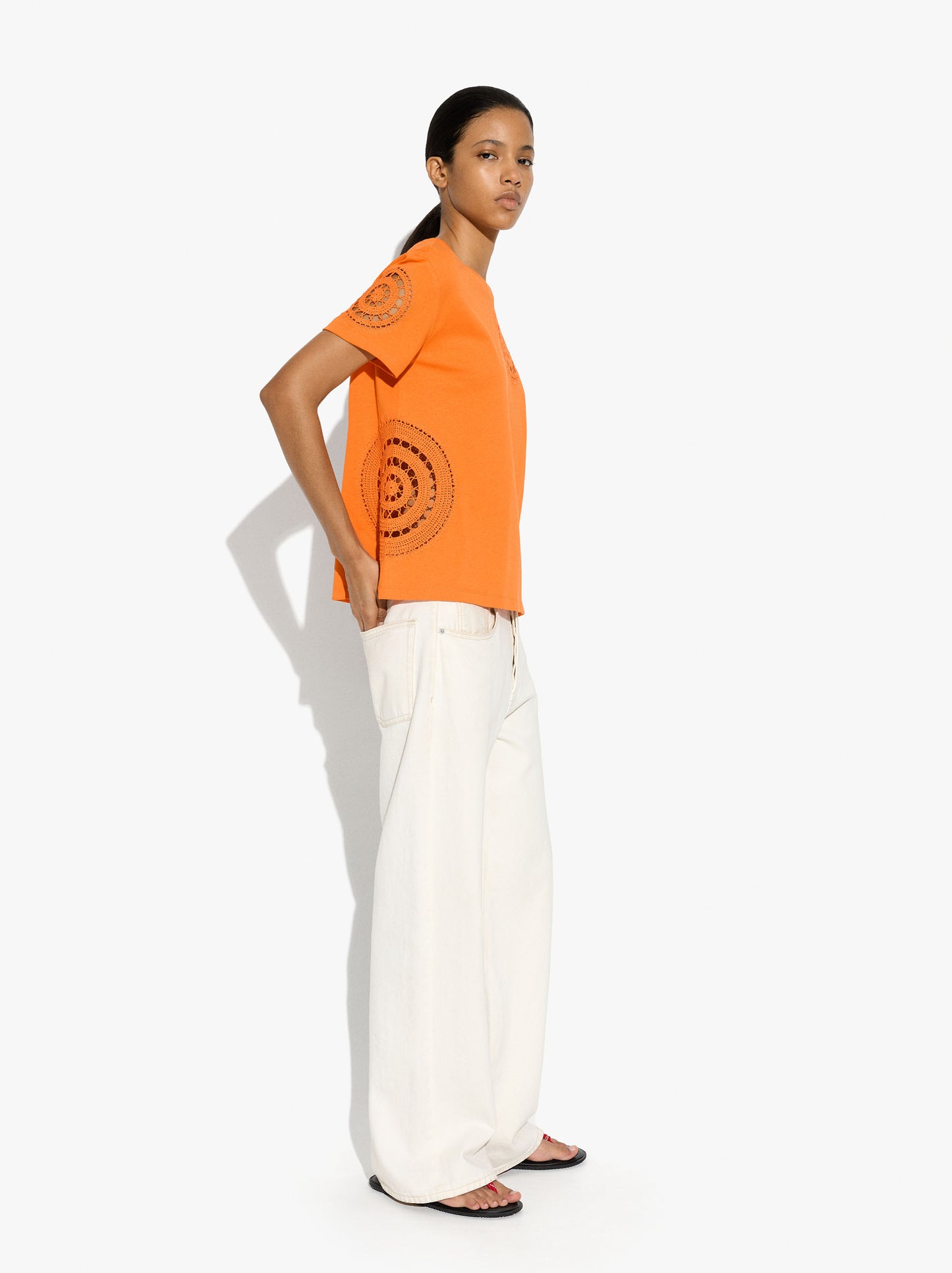 100% Cotton T-Shirt With Crochet Details