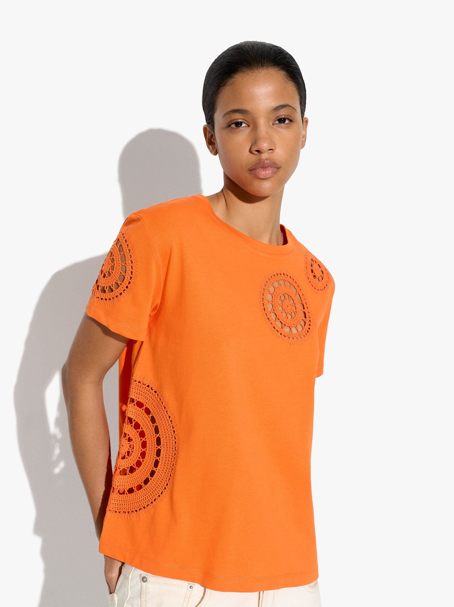 100% Cotton T-Shirt With Crochet Details