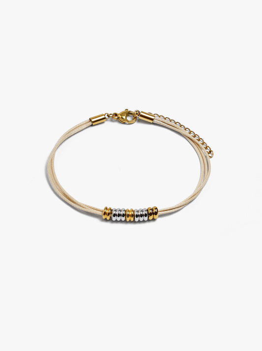 Cord Bracelet With Bicolor Rings - Stainless Steel