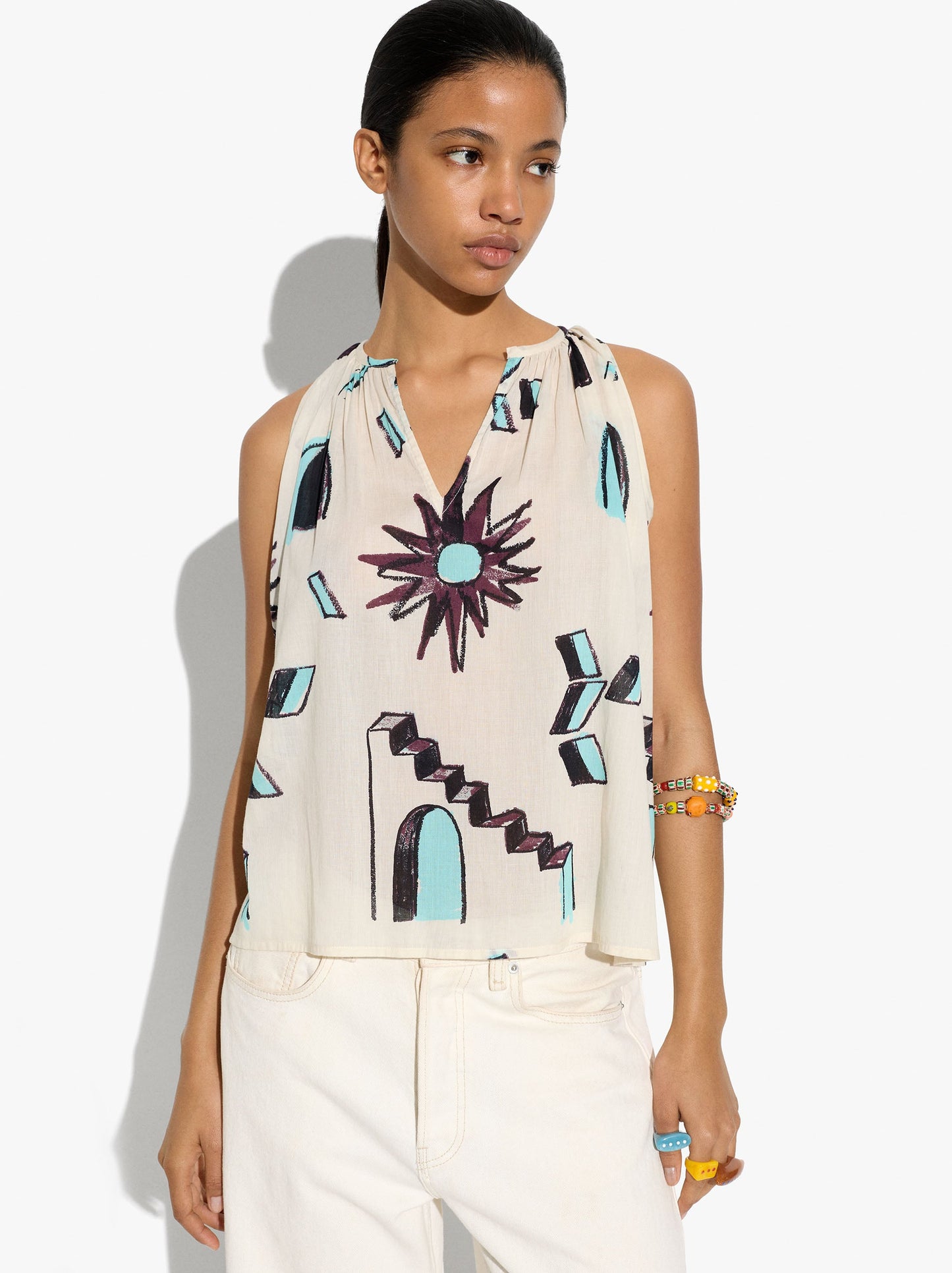 Top Printed With Mandarin Collar