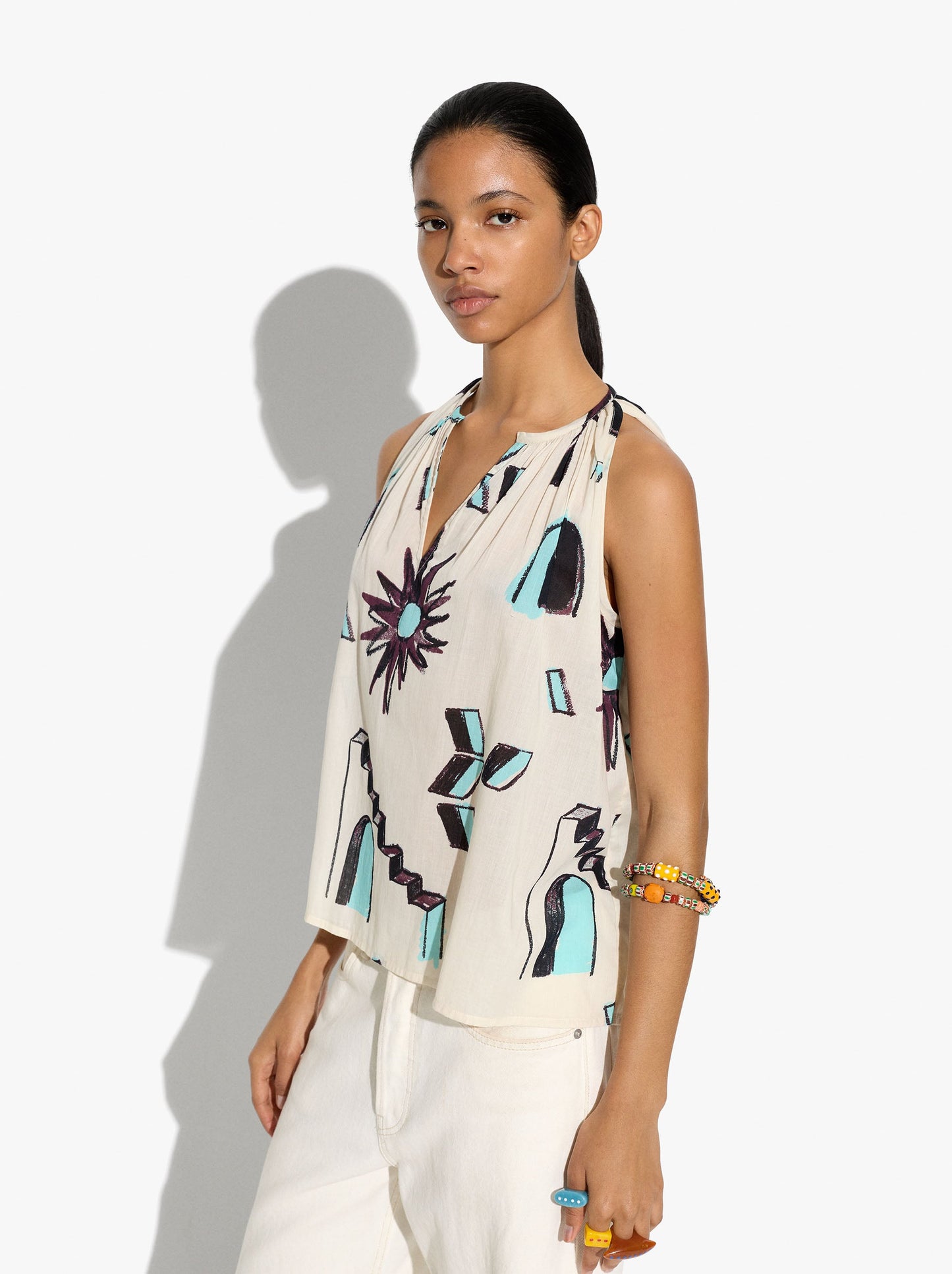 Top Printed With Mandarin Collar