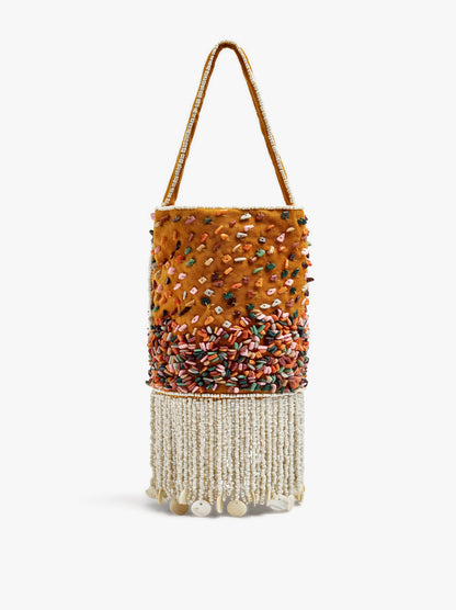 Handbag With Multicolor Beads And Fringes