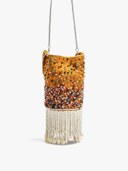 Handbag With Multicolor Beads And Fringes