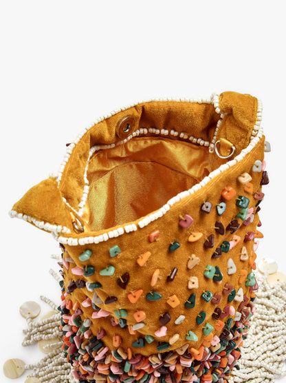 Handbag With Multicolor Beads And Fringes