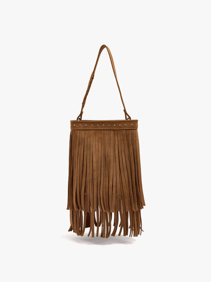 Bucket Bag With Leather-Effect, Fringes And Studs