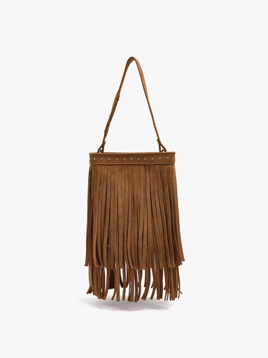 Bucket Bag With Leather-Effect, Fringes And Studs