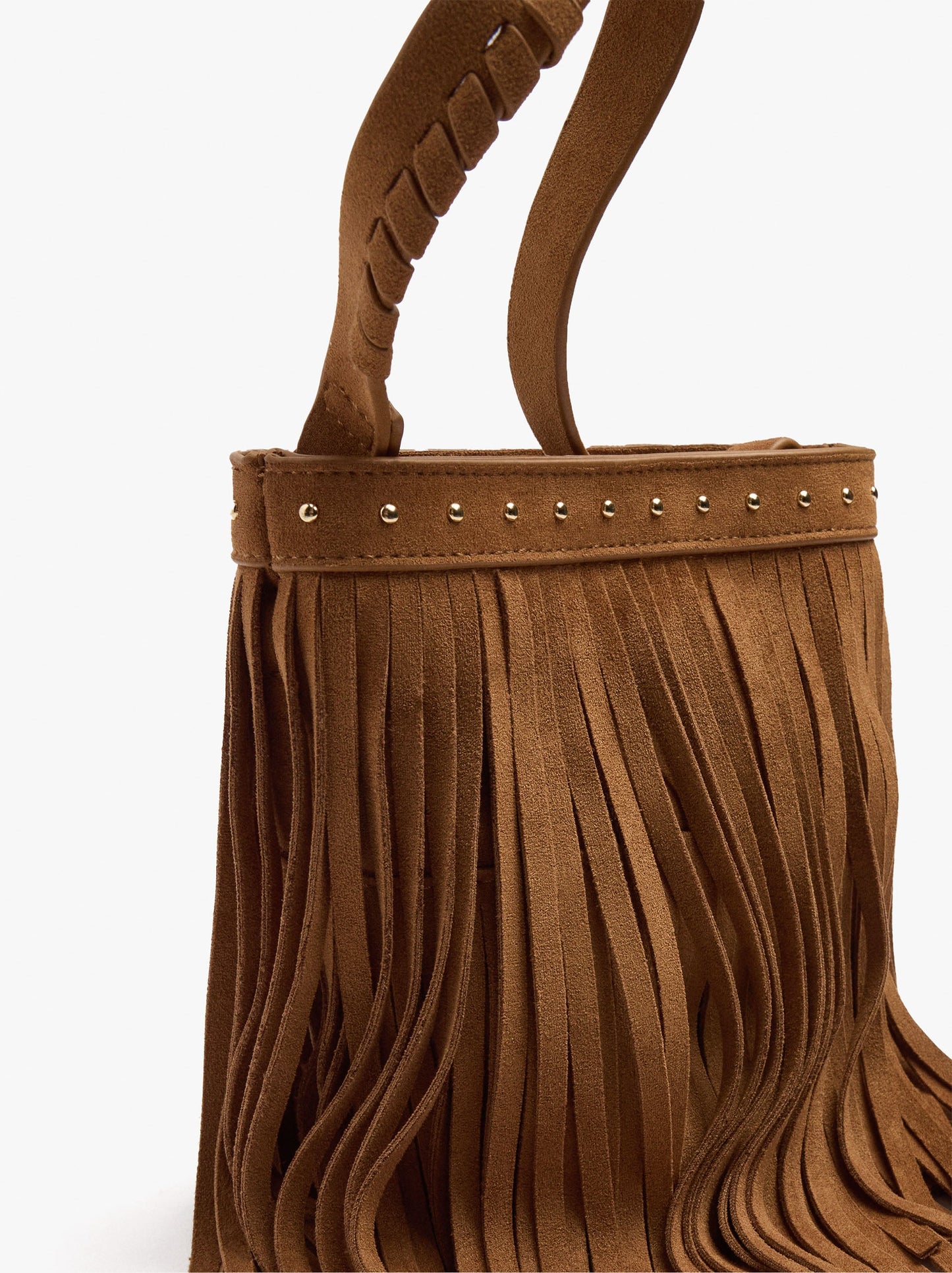 Bucket Bag With Leather-Effect, Fringes And Studs