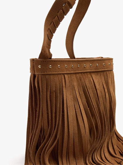 Bucket Bag With Leather-Effect, Fringes And Studs