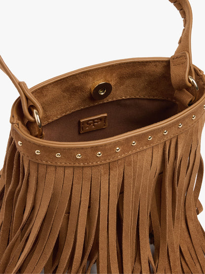Bucket Bag With Leather-Effect, Fringes And Studs