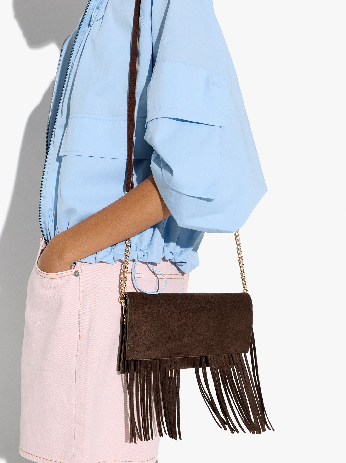 Plain Crossbody Bag With Flap And Long Fringes