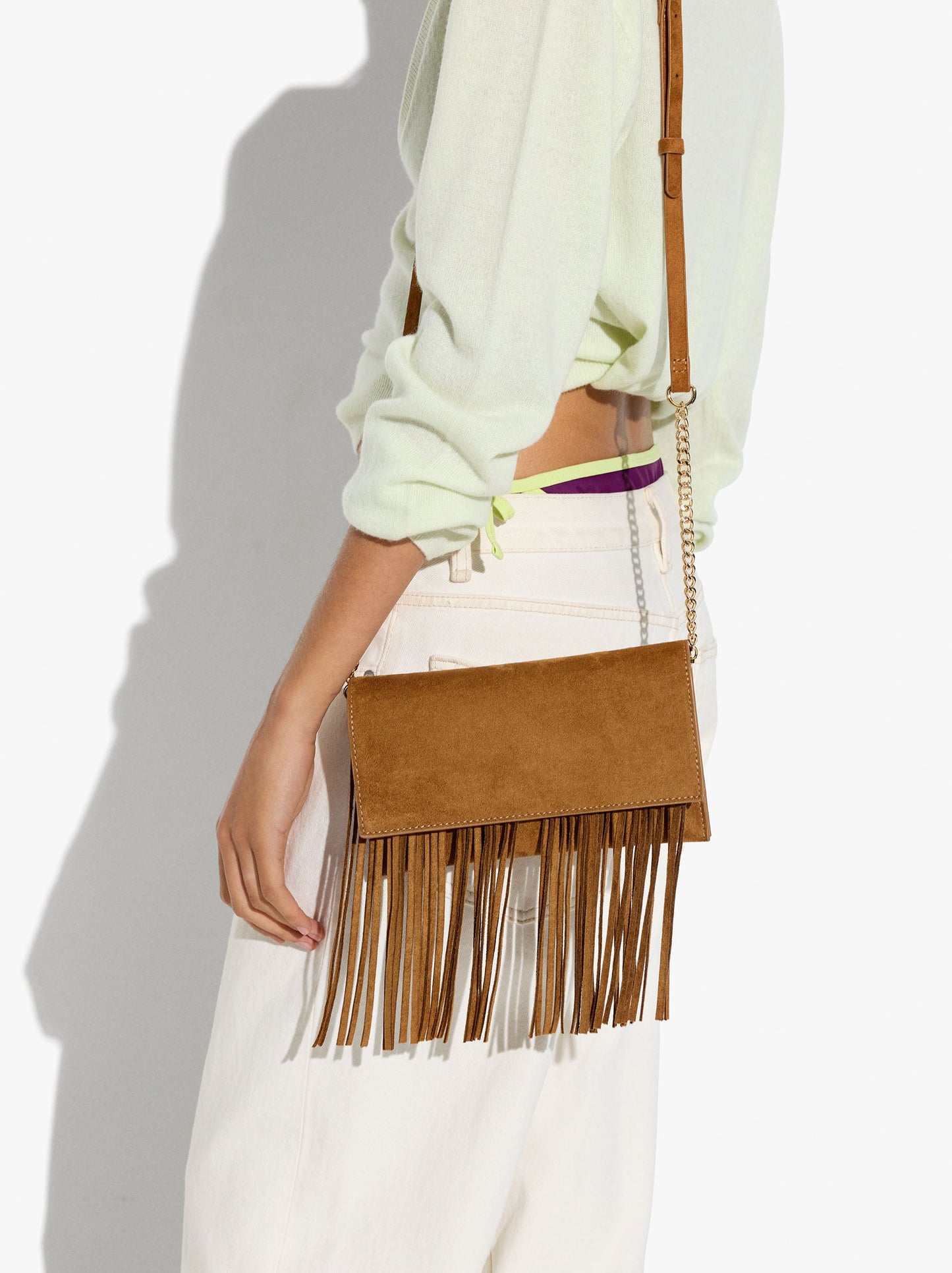 Plain Crossbody Bag With Flap And Long Fringes