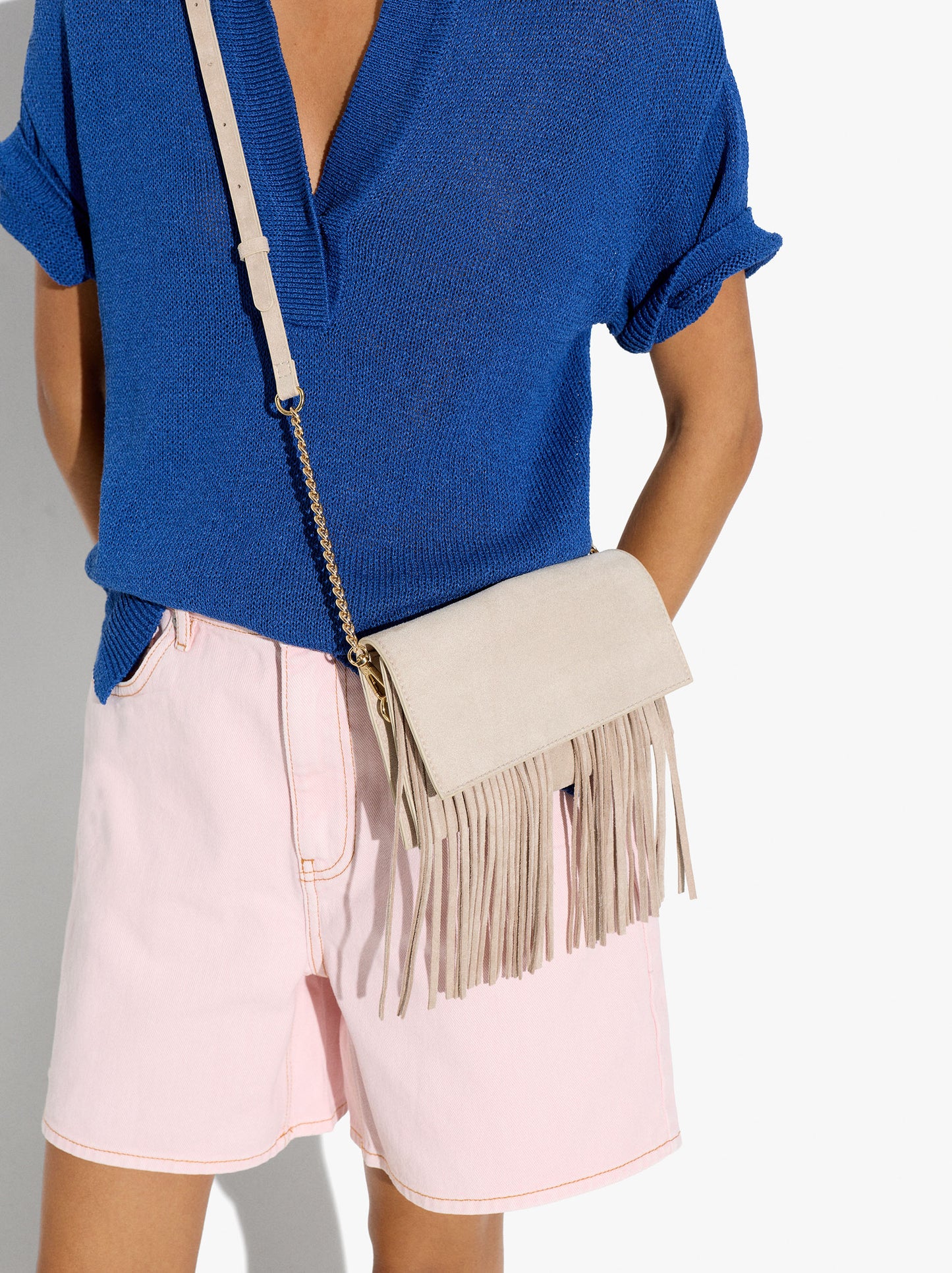 Plain Crossbody Bag With Flap And Long Fringes