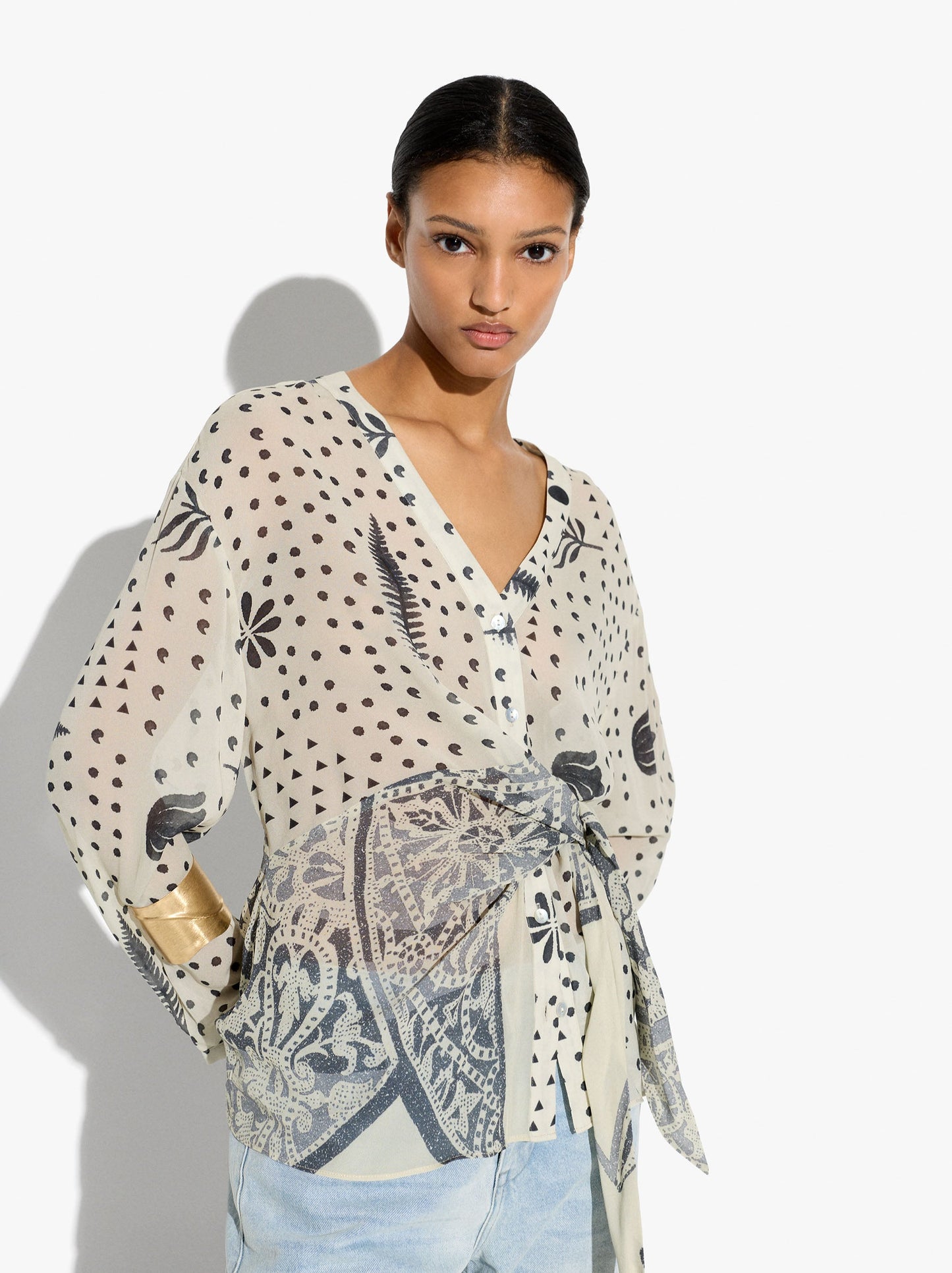 Printed Fluid Blouse With Draped And Knot
