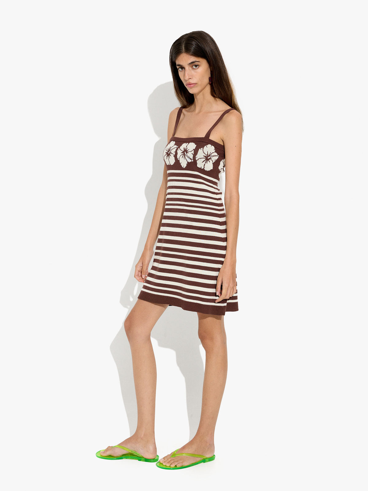 Jacquard Dress With Stripes And Floral Printed