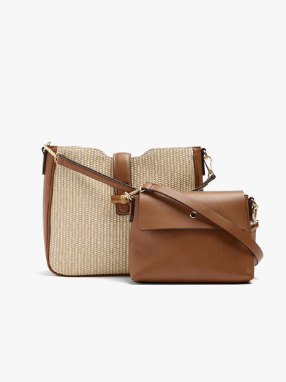 Paper Straw Effect Shoulder Bag With Crossbody Bag