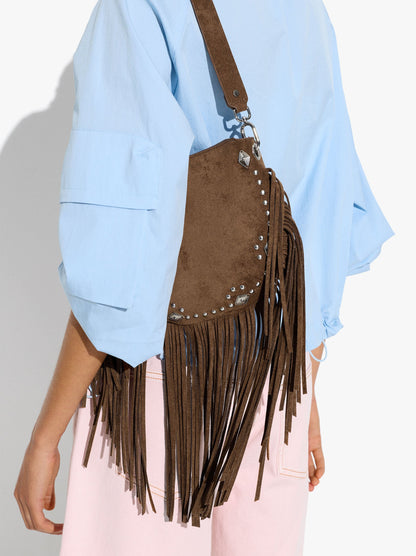 Crossbody Bag Leather-Effect With Fringes And Studs