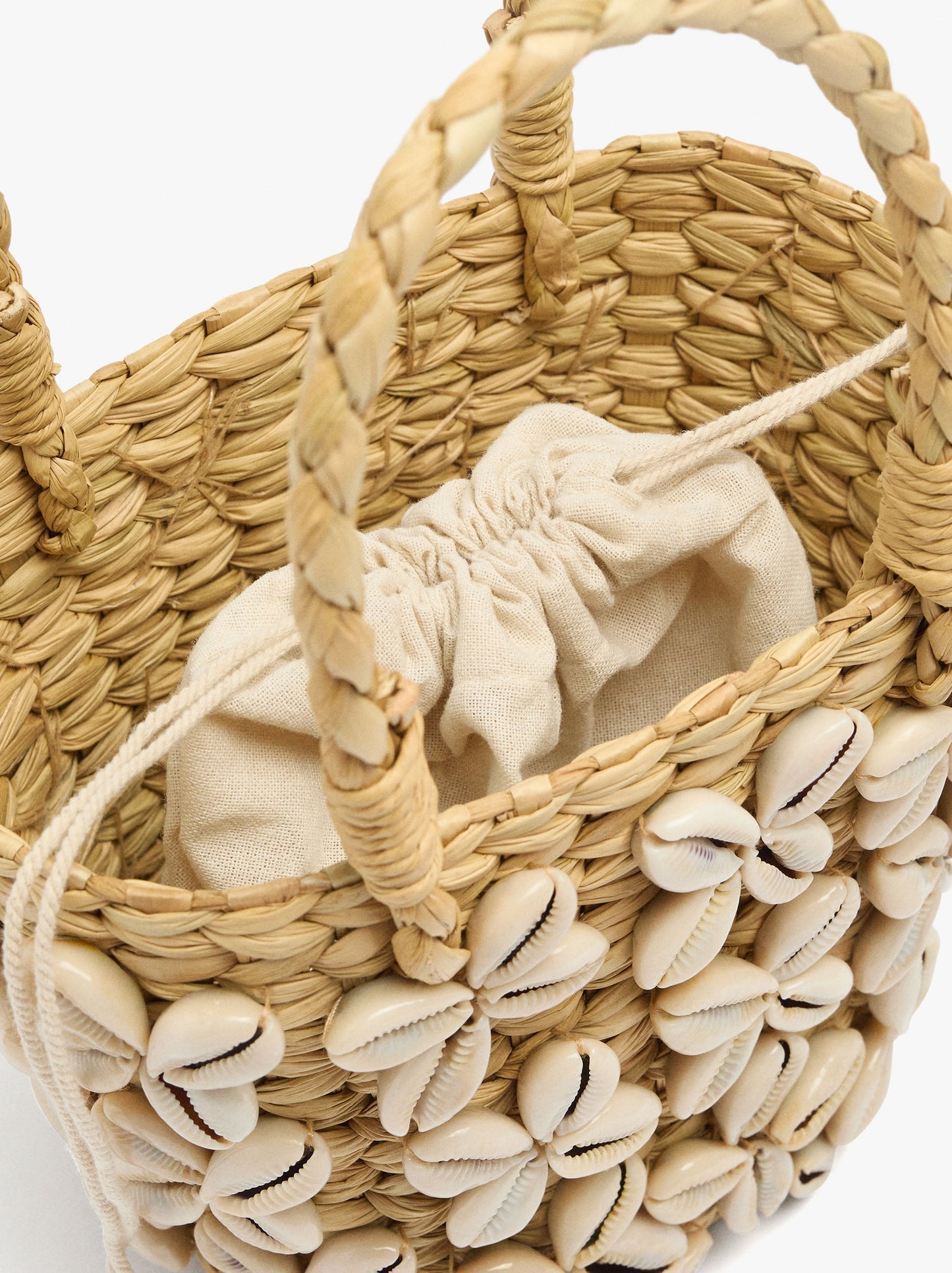 Straw Tote Bag With Shells And Removable Pouch
