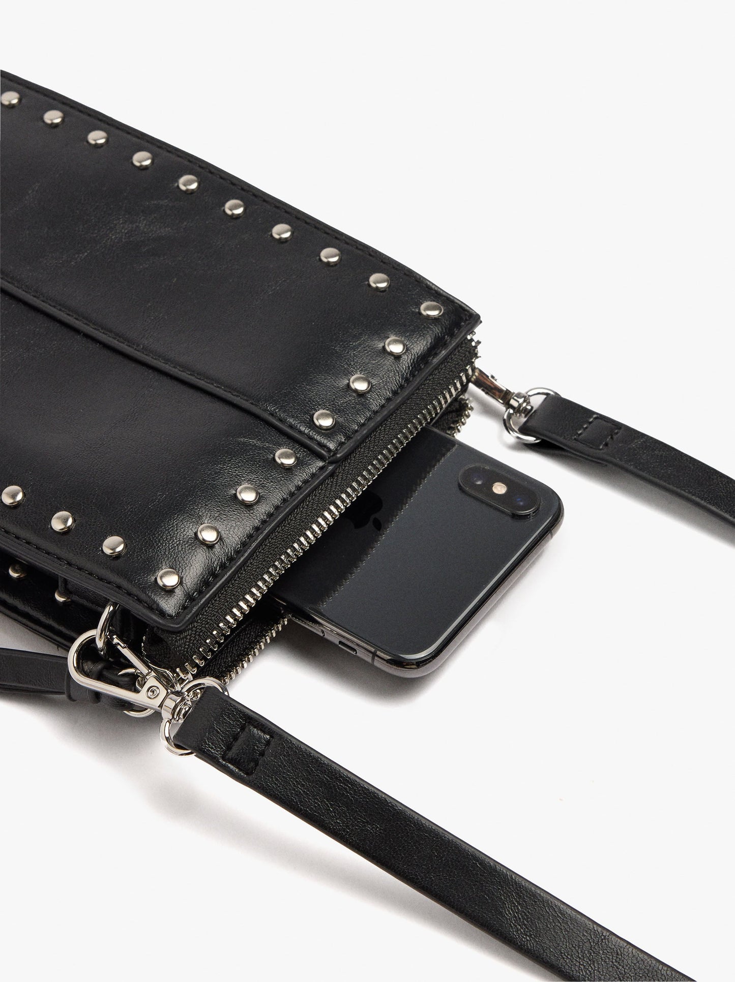 Elongated Crossbody Bag With Cracked Effect And Studs
