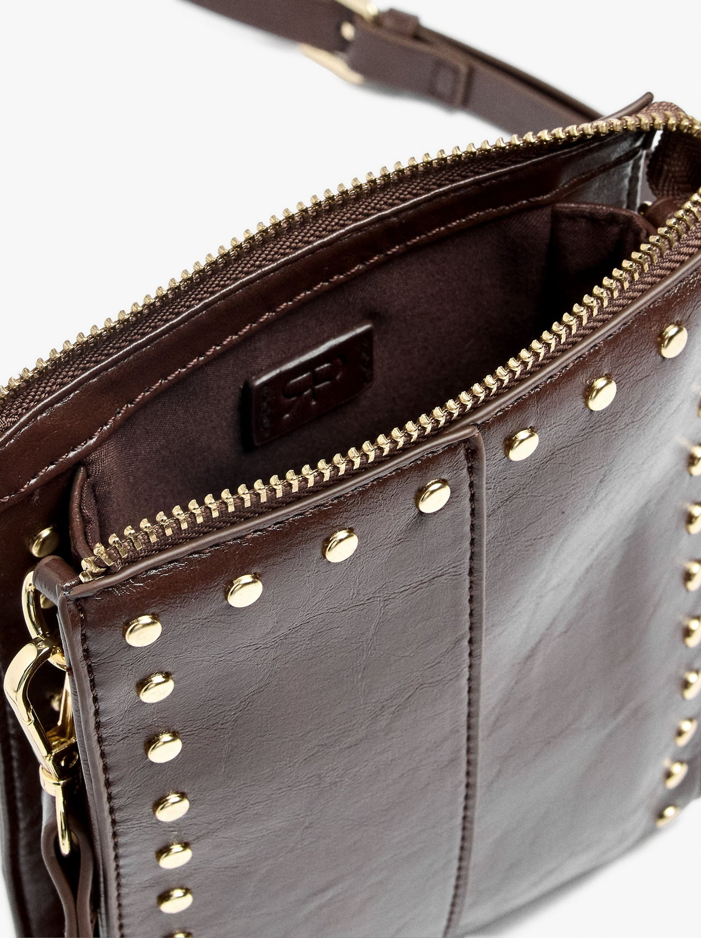 Elongated Crossbody Bag With Cracked Effect And Studs