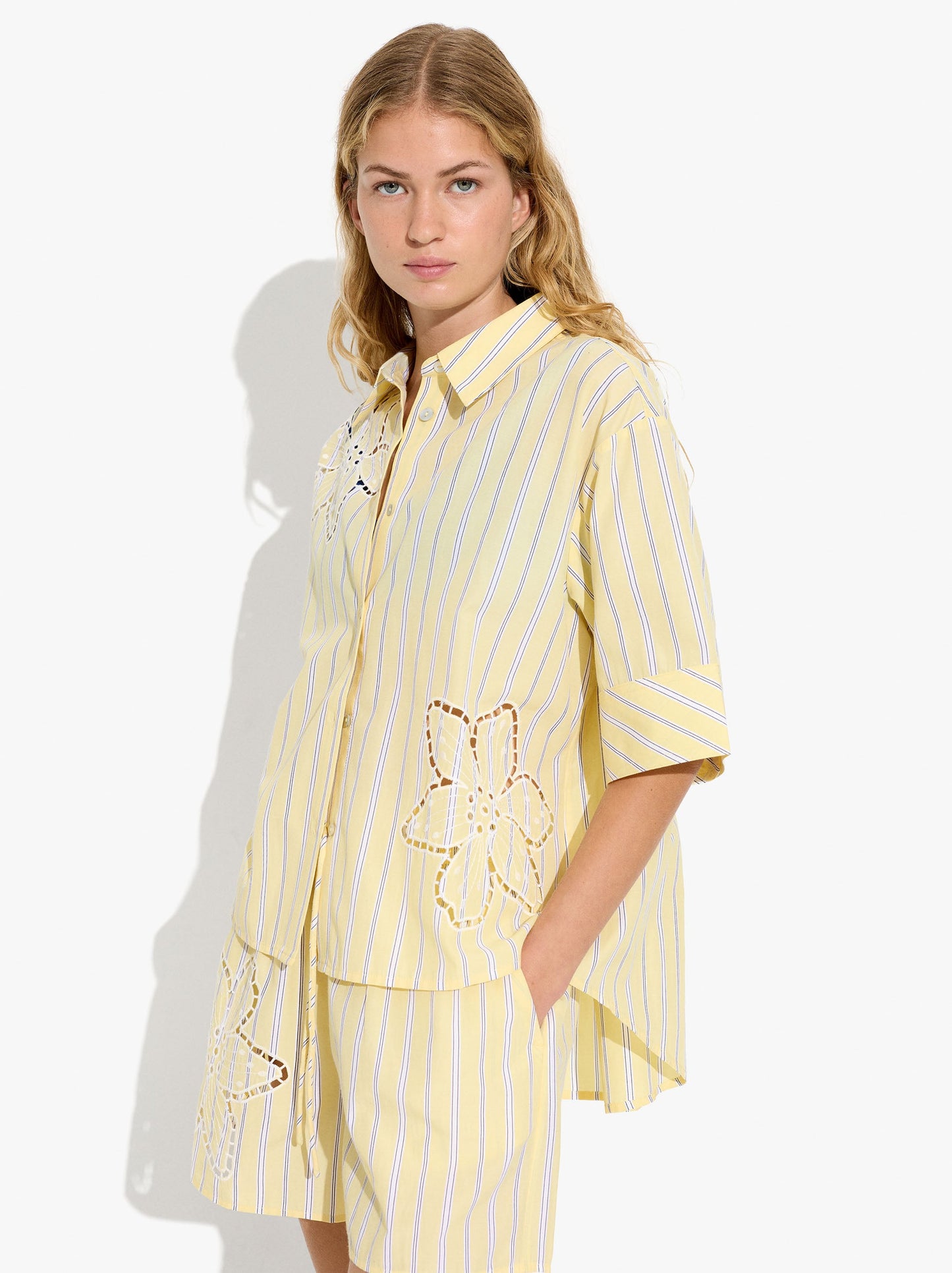 Shorts With Stripes And Perforated Embroidery