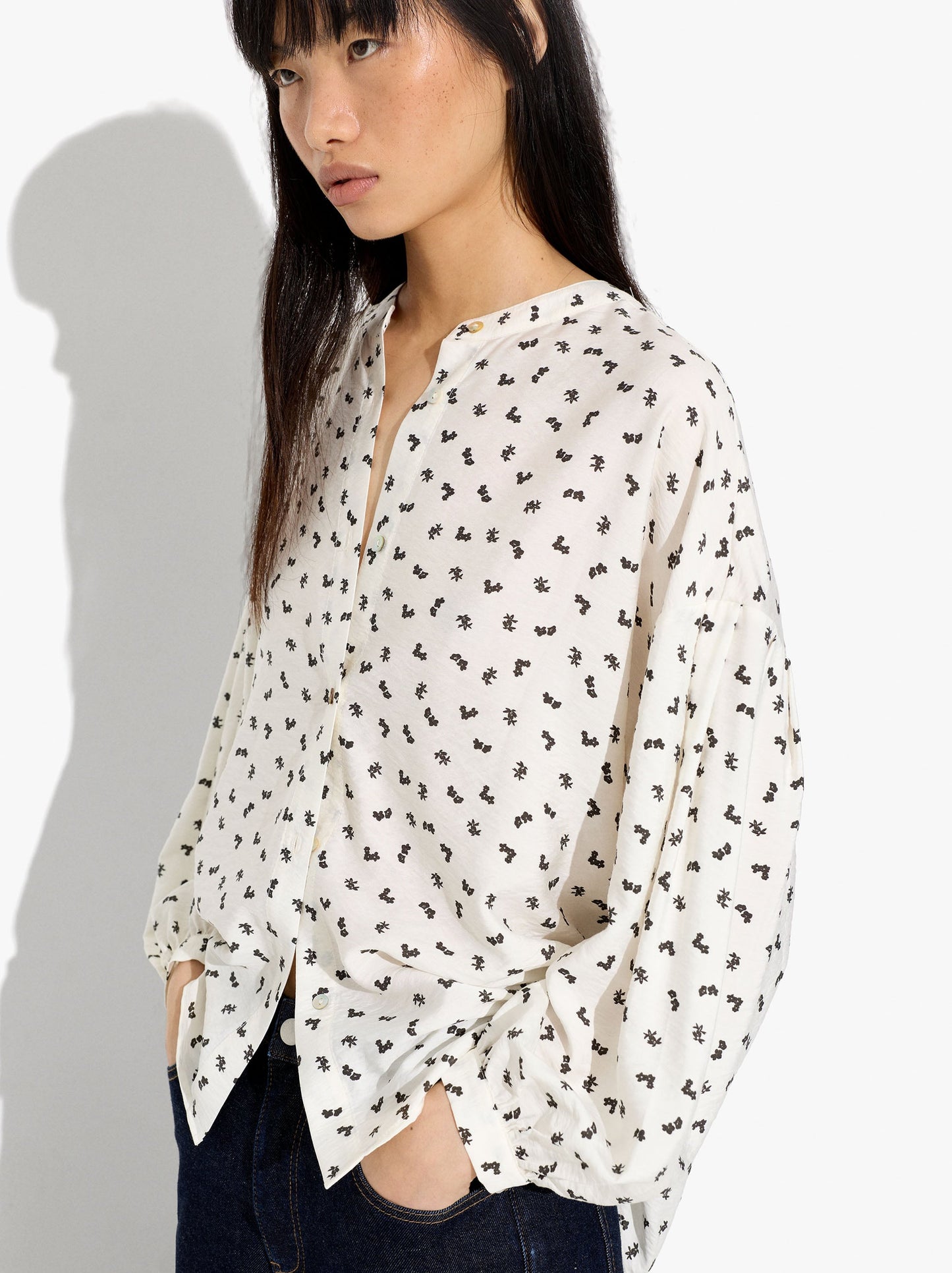 Floral Printed Shirt With Mandarin Collar