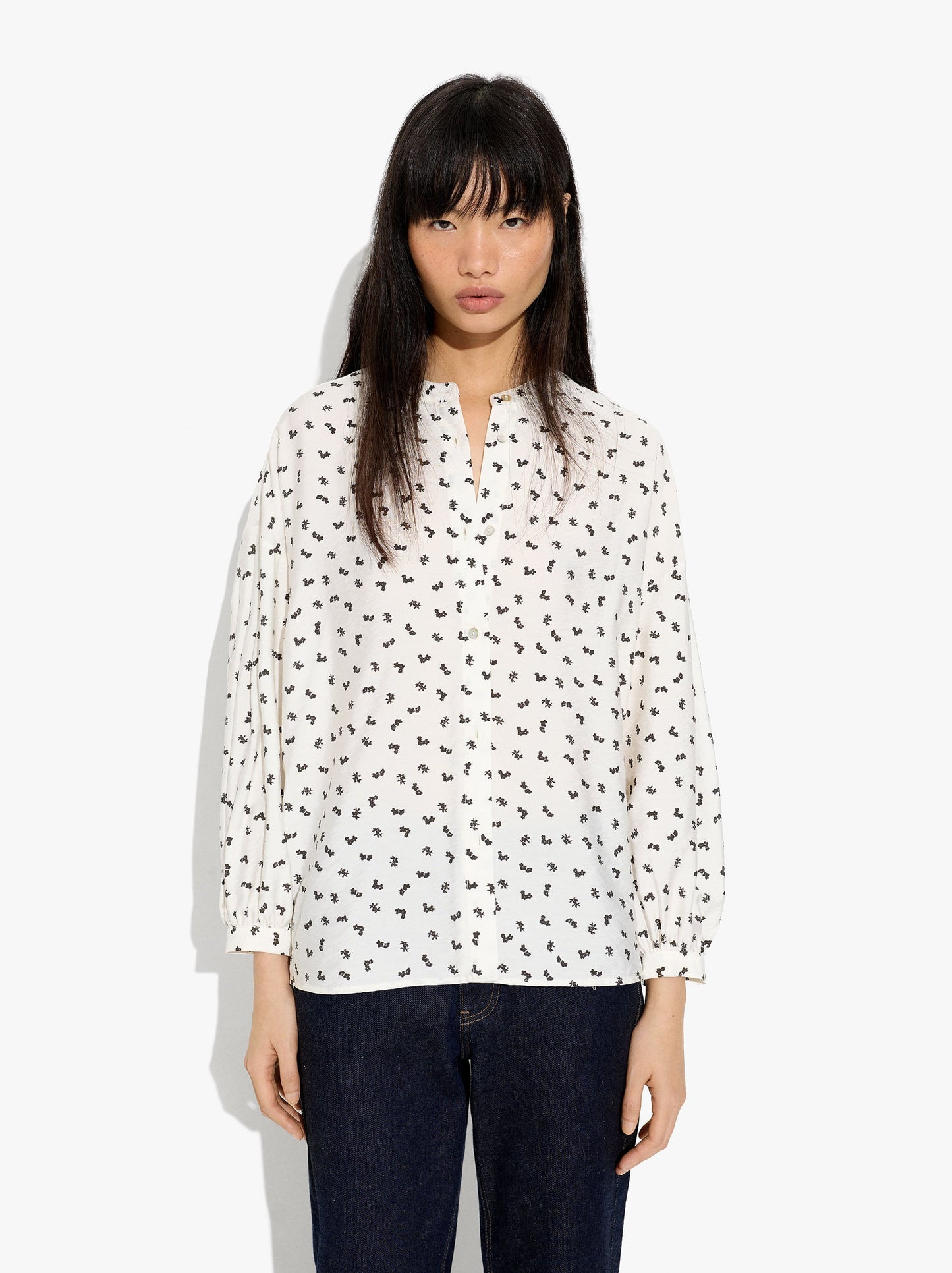Floral Printed Shirt With Mandarin Collar