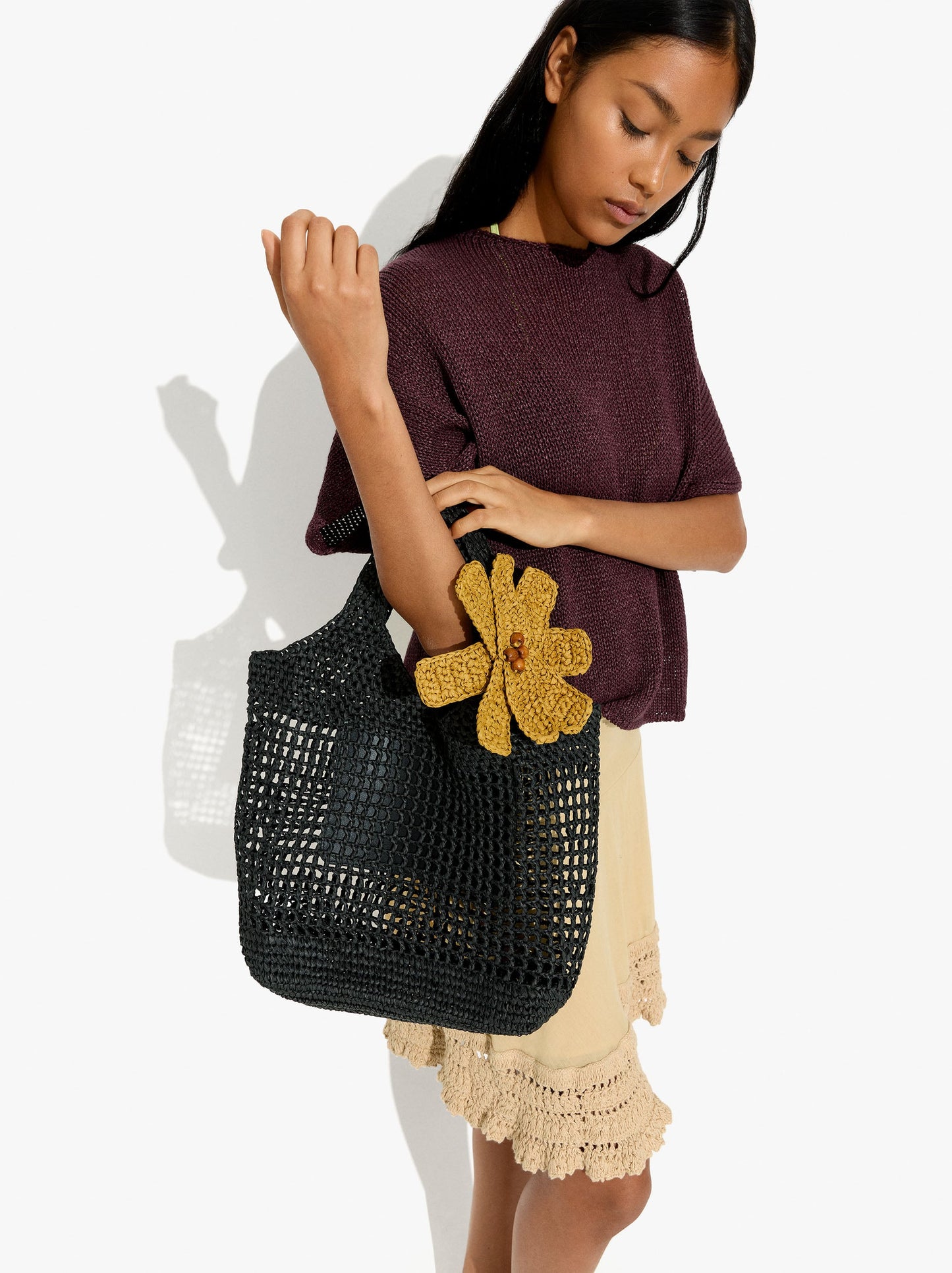 Shopper Bag In Mesh With Paper Straw Effect