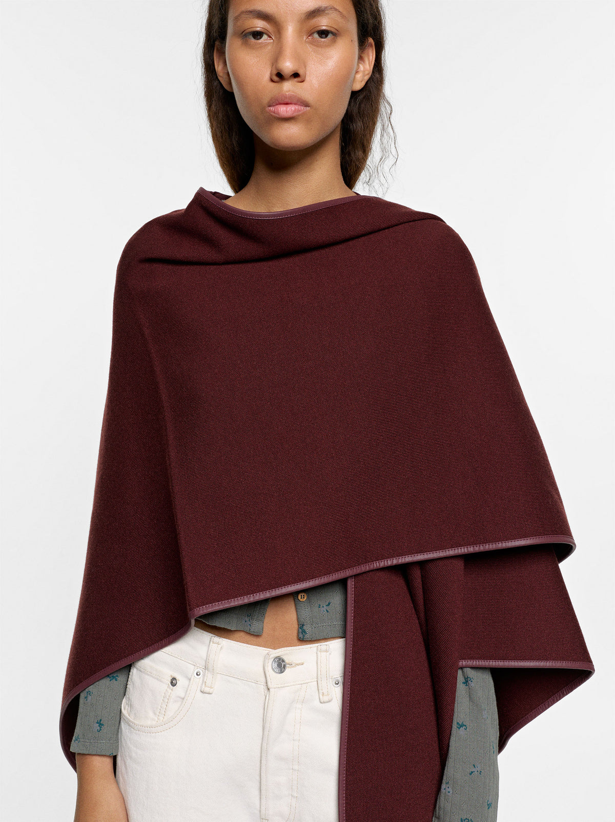 Knit Poncho With Leather-Effect Details