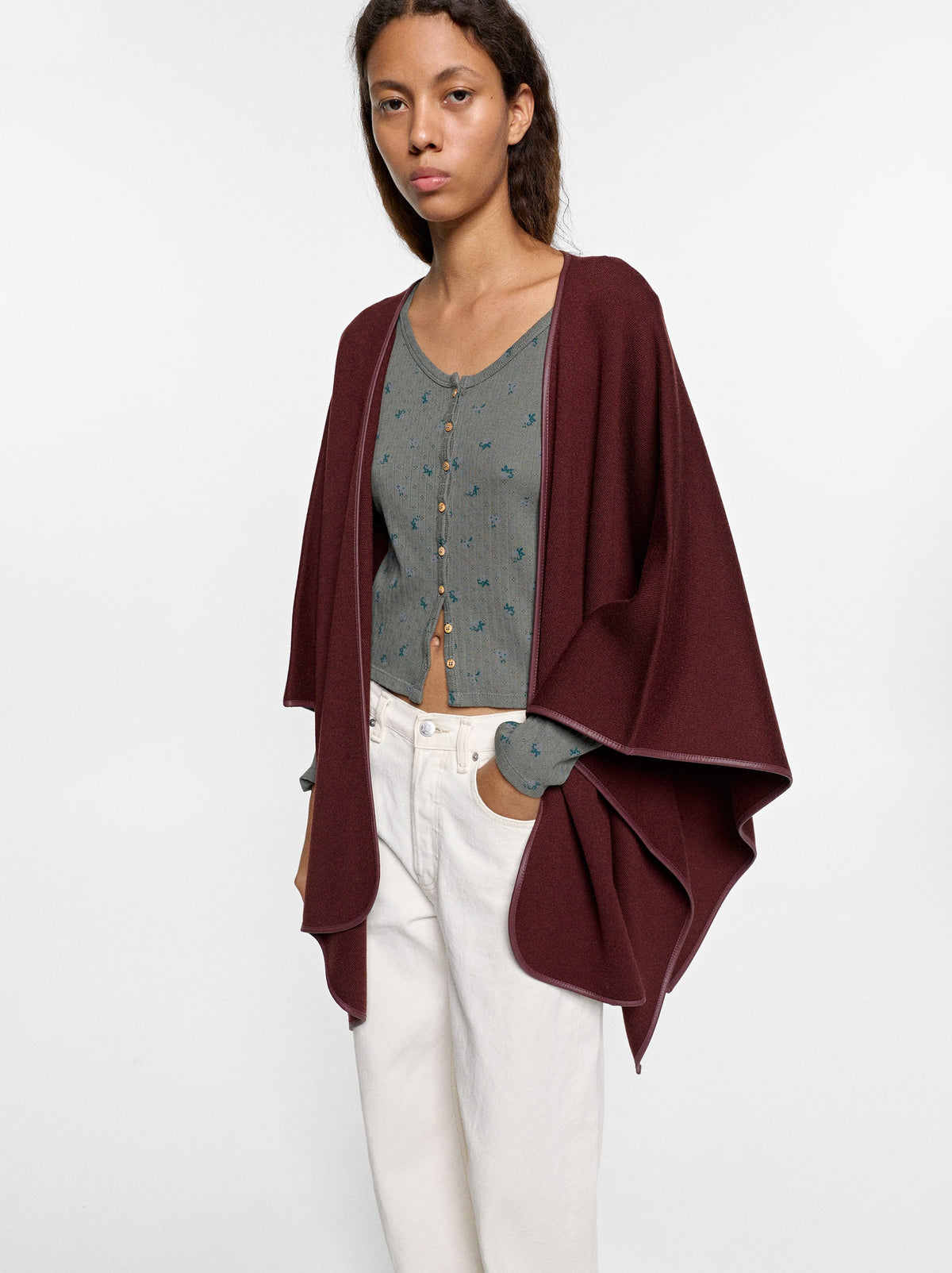 Knit Poncho With Leather-Effect Details