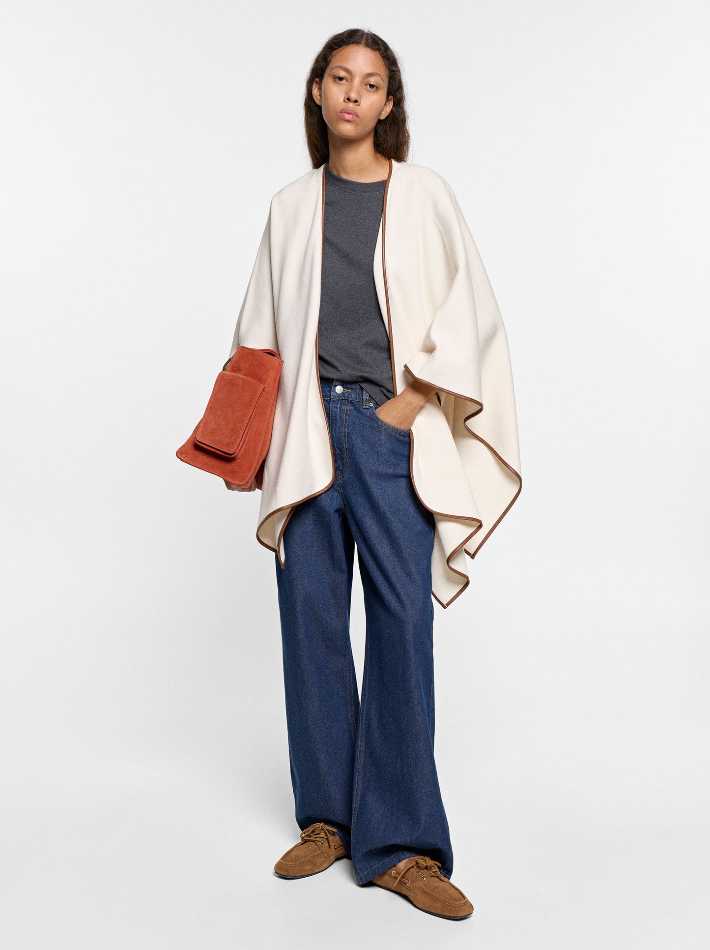 Knit Poncho With Leather-Effect Details
