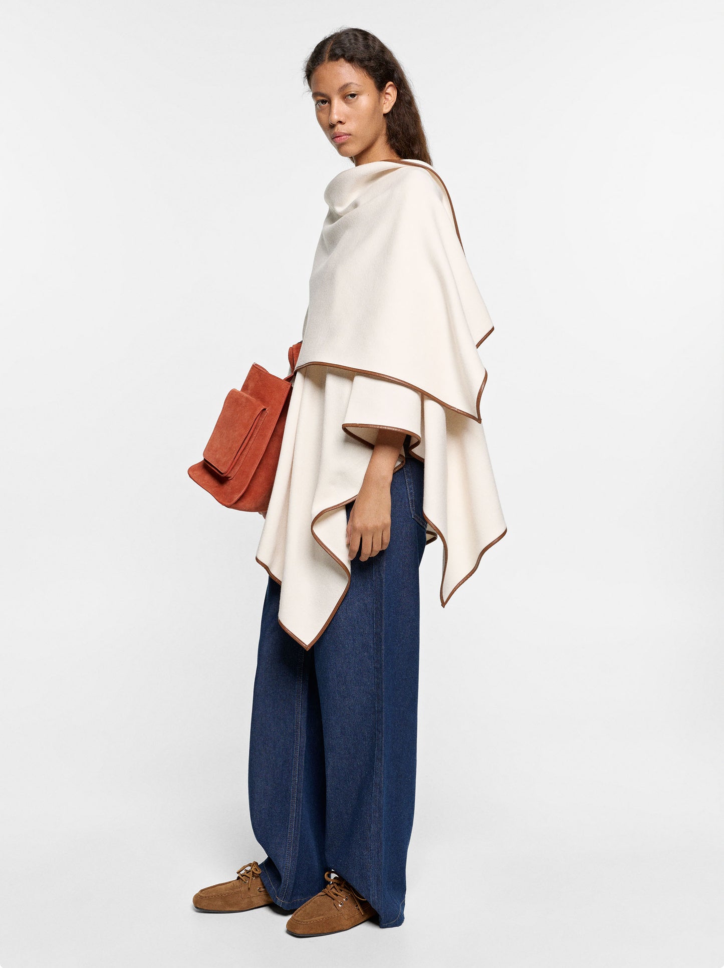 Knit Poncho With Leather-Effect Details
