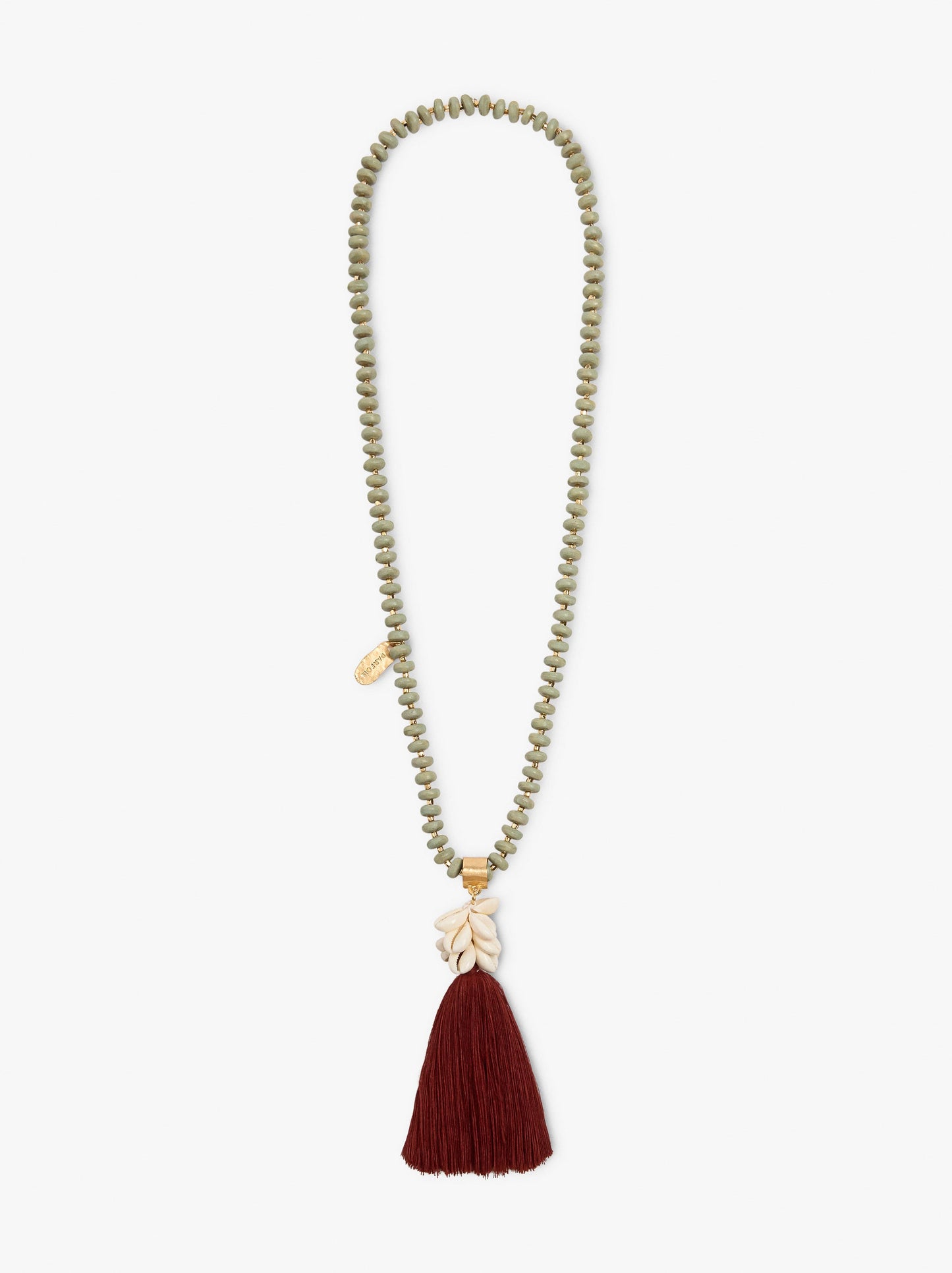 Necklace Of Wood Beads With Tassel And Shells