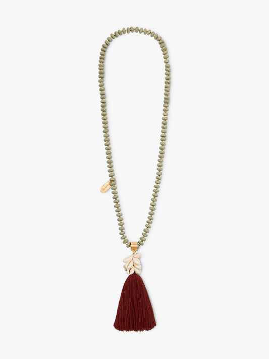 Necklace Of Wood Beads With Tassel And Shells