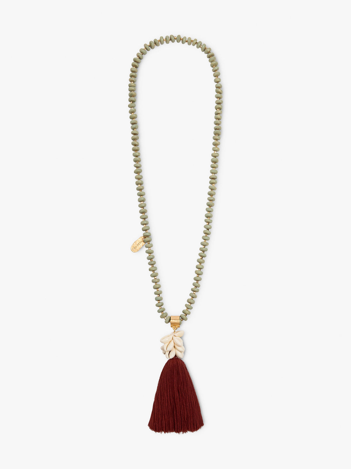 Necklace Of Wood Beads With Tassel And Shells