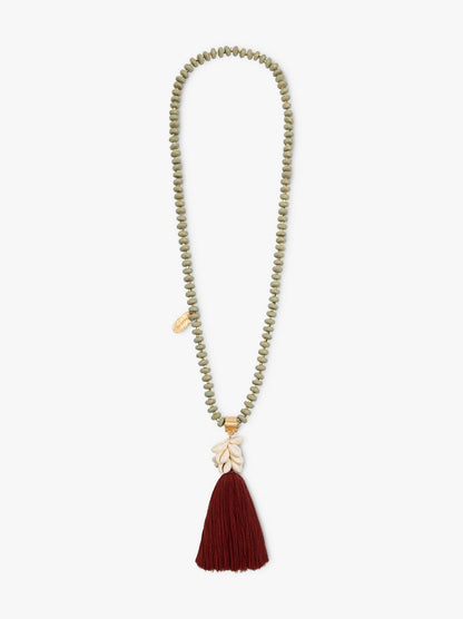 Necklace Of Wood Beads With Tassel And Shells