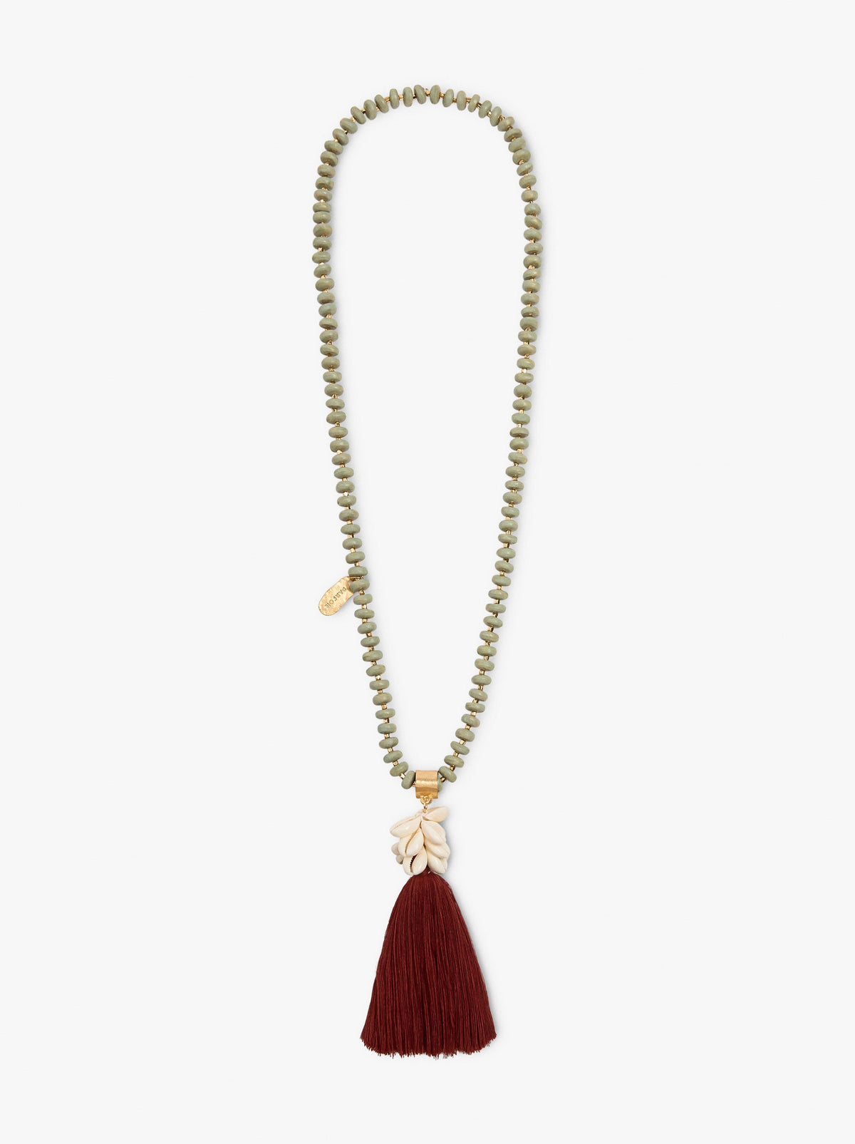 Necklace Of Wood Beads With Tassel And Shells