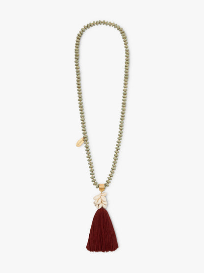 Necklace Of Wood Beads With Tassel And Shells