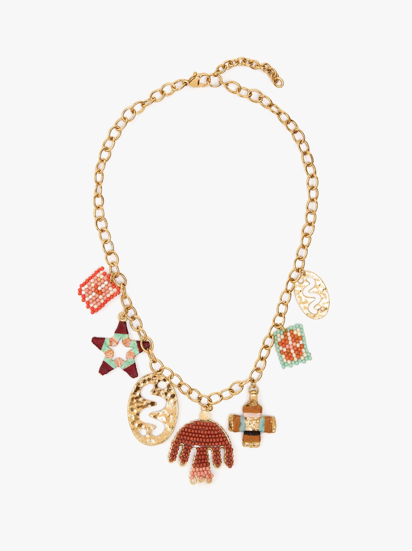 Necklace Of Links With Beads And Metallic Pendants