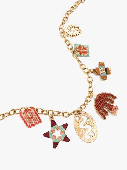 Necklace Of Links With Beads And Metallic Pendants