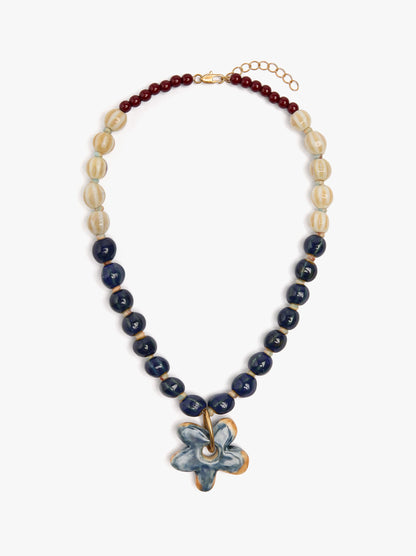Necklace With Ceramic Beads With Flower Pendant
