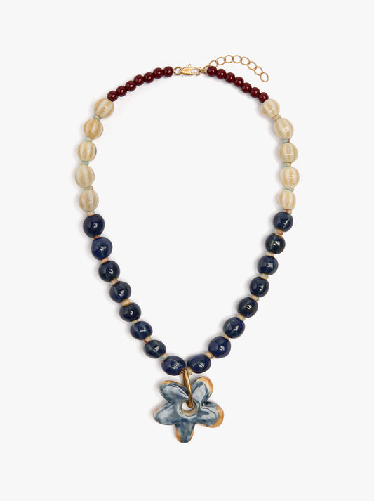 Necklace With Ceramic Beads With Flower Pendant